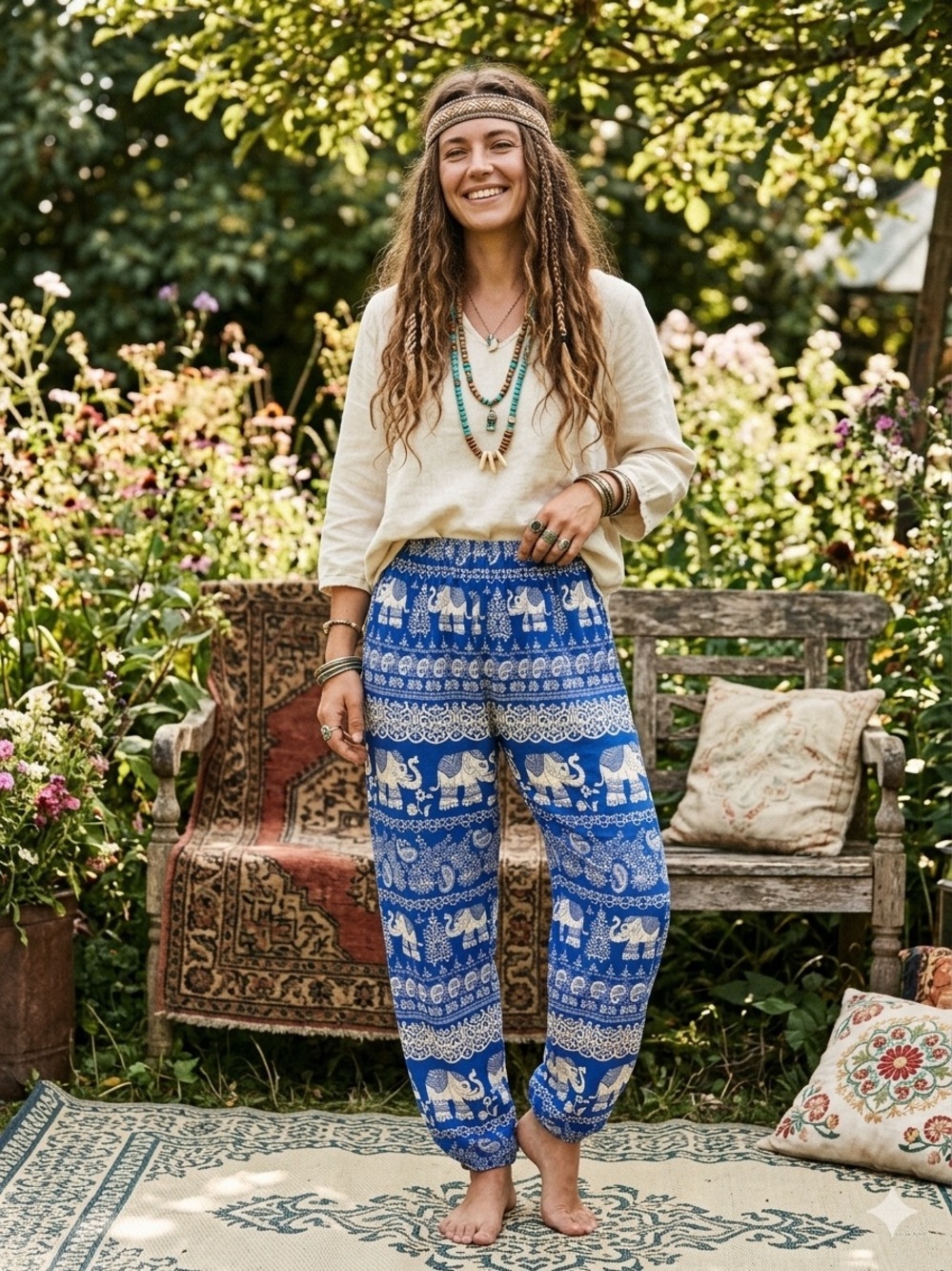 Woman’s Boho Hippie Vibrant Royal Blue Traditional Thai Elephant Pants SZ Small